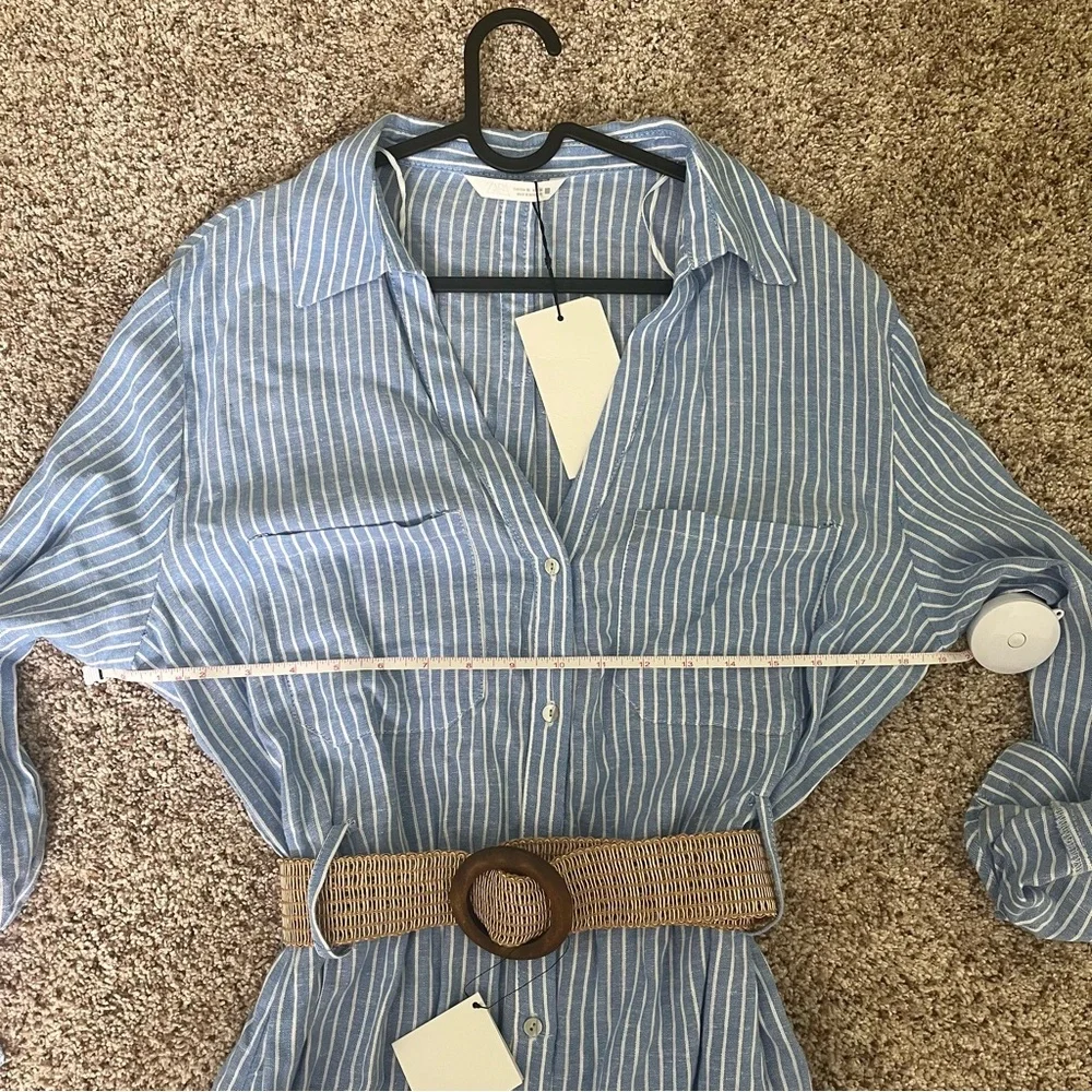 Zara Belted Linen Midi Shirt Dress V-Neck Tab Sleeve Striped Blue White Size XL